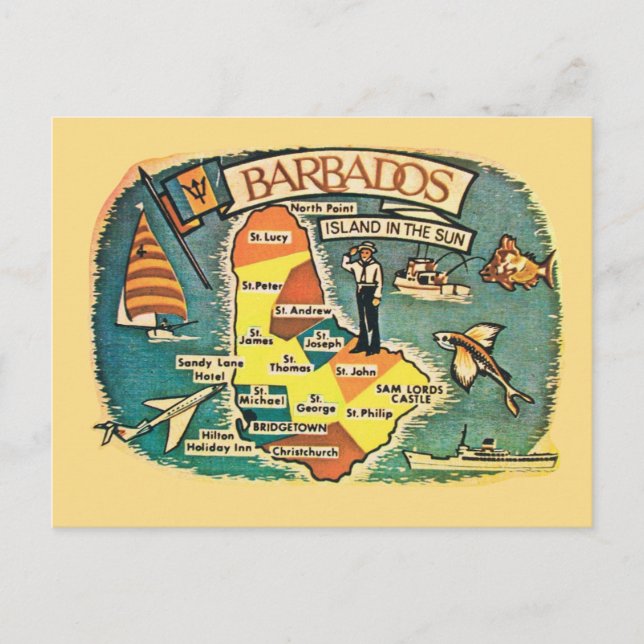 Vintage Barbados Illustrated Map Postcard (Front)