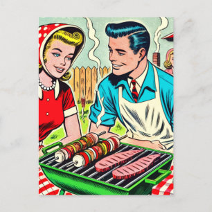 Vintage Barbecue Couple Comics Postcard