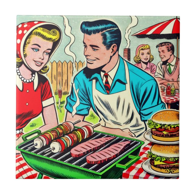 Vintage Barbecue Couple Comics Tile (Front)