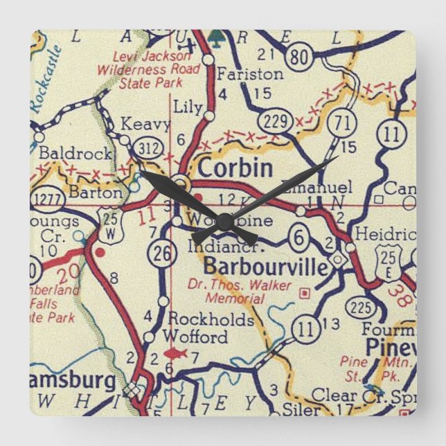 Vintage Barbourville KY Map Square Wall Clock (Front)