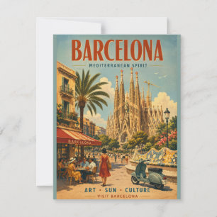 Vintage Barcelona Travel Poster with Mediterranean Card