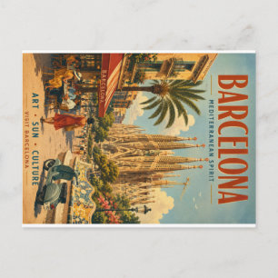 Vintage Barcelona Travel Poster with Mediterranean Holiday Postcard