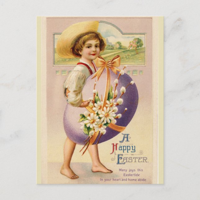 Vintage Barefoot Boy With Easter Egg Postcard (Front)