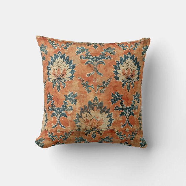 Vintage Barkcloth with Terracotta Background Cushion (Front)