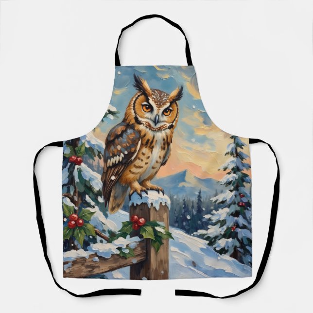 Vintage Barn Owl on Frosty Fence Christmas Apron (Front)
