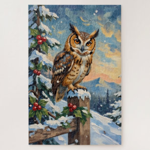 Vintage Barn Owl on Frosty Fence Christmas Jigsaw Puzzle