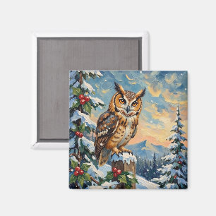 Vintage Barn Owl on Frosty Fence Christmas Magnet