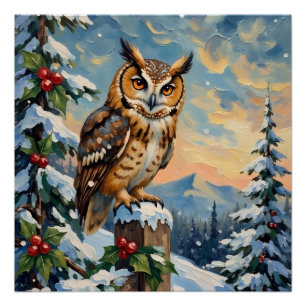 Vintage Barn Owl on Frosty Fence Christmas Poster