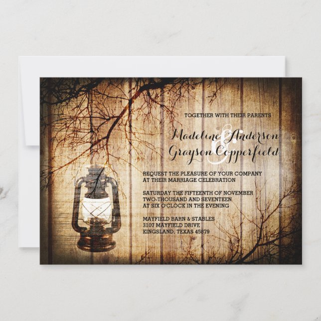 Vintage Barn Wood Lantern Wedding Invitation (Front)