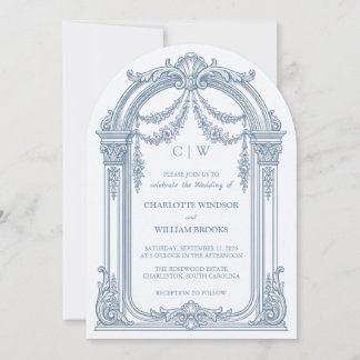 Vintage Baroque Arch Dusty Blue Arched Wedding Invitation