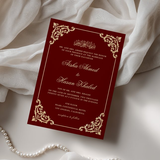 Vintage Baroque Burgundy Red Script Muslim Wedding Invitation (Creator Uploaded)