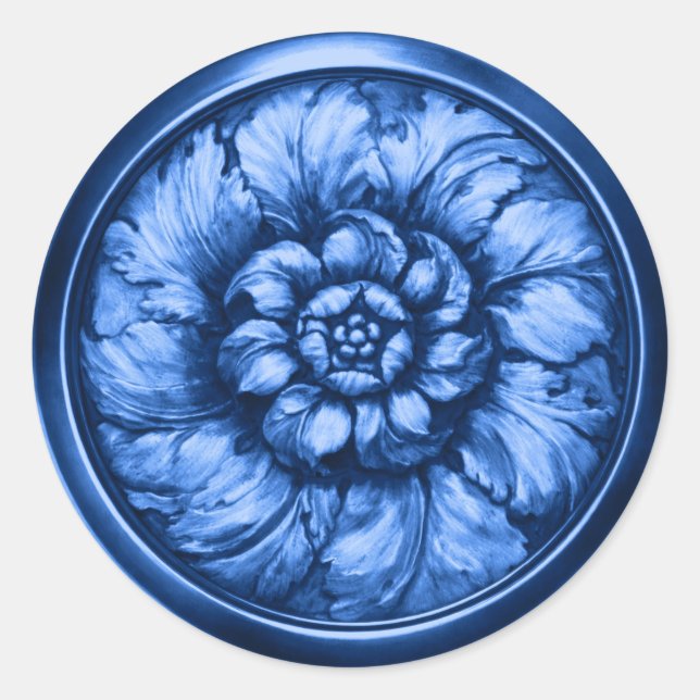 Vintage Baroque Embossed Look Blue Classic Round Sticker (Front)