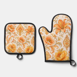 Vintage Baroque Floral Pattern – Warm Orange /Gold Oven Mitt & Pot Holder Set