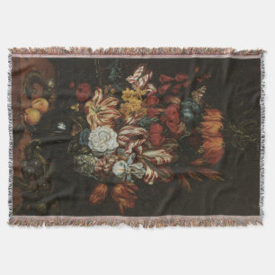 Vintage Baroque, Floral Still Life Flowers in Vase Throw Blanket
