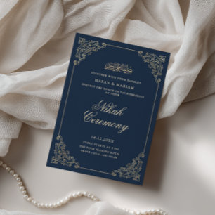 Vintage Baroque Frame Navy Blue Nikah Ceremony Invitation