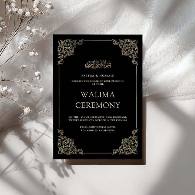 Vintage Baroque Gold Script Black Walima Ceremony Invitation (Creator Uploaded)