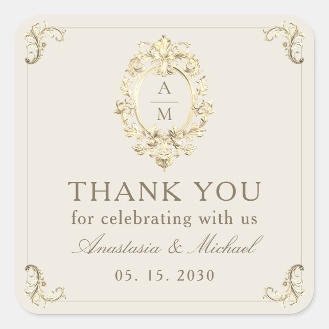 Vintage Baroque Gold Wedding Thank You Square Sticker (Front)