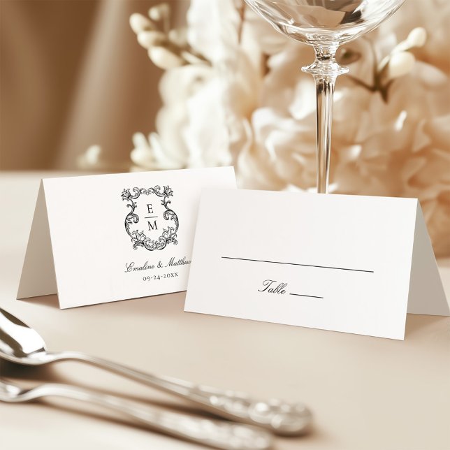 Vintage Baroque Monogram Crest Wedding Place Card (Creator Uploaded)