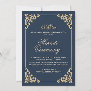 Vintage Baroque Navy Blue Henna Mehndi Ceremony Invitation