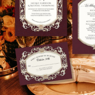 Vintage Baroque Rococo Burgundy and Gold  Wedding RSVP Card