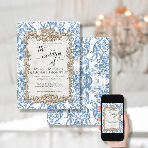 Vintage Baroque Rococo Floral Blue White Wedding Invitation