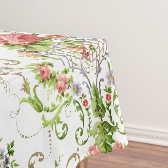 Vintage Baroque Rococo Scrolls & Roses Pattern Tablecloth (In Situ)