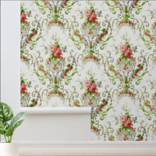 Vintage Baroque Rococo Scrolls & Roses Pattern Wallpaper