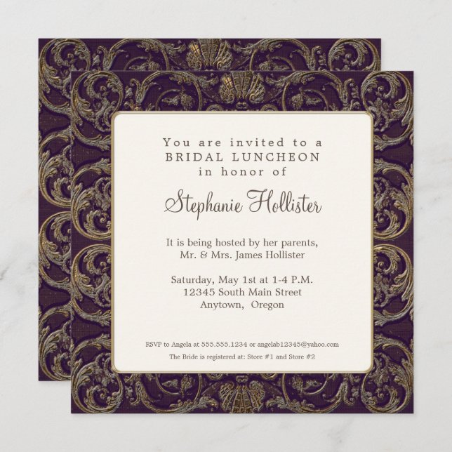 Vintage Baroque Shell Dark Purple Bridal Shower Invitation (Front/Back)