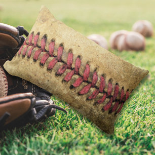 Vintage Baseball Art - Aged Leather & Red Stitch Lumbar Cushion