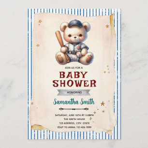 Vintage Baseball Bear Baby Shower Invitation