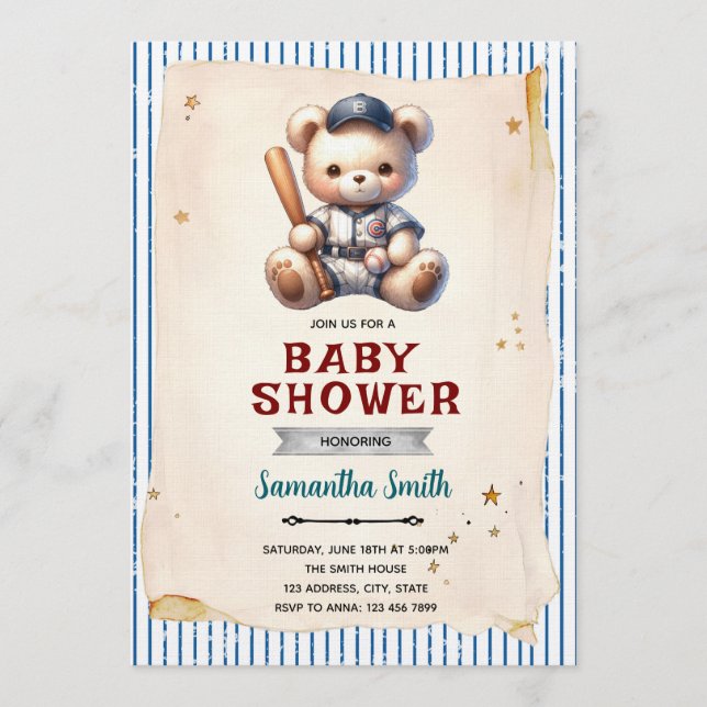 Vintage Baseball Bear Baby Shower Invitation (Front)