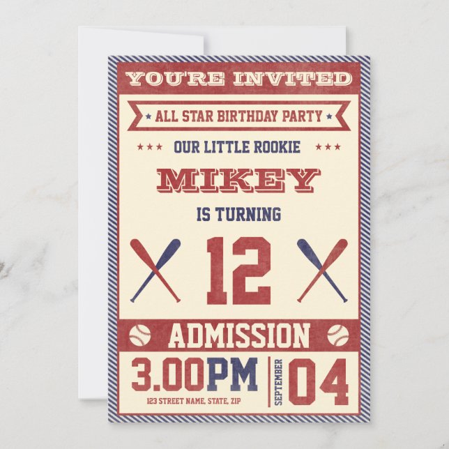 Vintage Baseball Birthday Party Invite (Front)