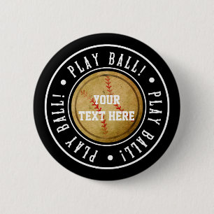 Vintage BASEBALL Black PLAY BALL Party Pin BUTTON