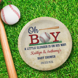 Vintage Baseball Boys Baby Shower Paper Plate