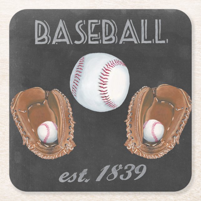 Vintage Baseball Chalkboard Design Square Paper Coaster (Front)
