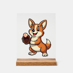 Vintage Baseball Corgi Dog Catcher Cartoon Vector  Acrylic Sign