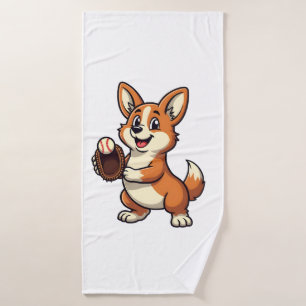 Vintage Baseball Corgi Dog Catcher Cartoon Vector Bath Towel