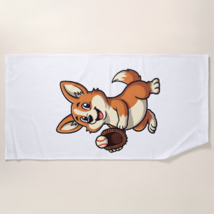 Vintage Baseball Corgi Dog Catcher Cartoon Vector  Beach Towel