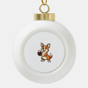 Vintage Baseball Corgi Dog Catcher Cartoon Vector  Ceramic Ball Christmas Ornament