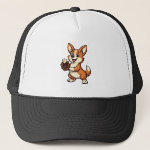 Vintage Baseball Corgi Dog Catcher Cartoon Vector  Trucker Hat