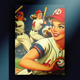 Vintage Baseball Girls Illustration Postcard