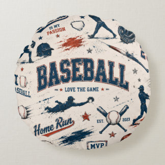 Vintage Baseball Home Run Sports Pattern Round Cushion