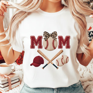 Vintage Baseball Mum Leopard Bow Faux Yarn T-Shirt
