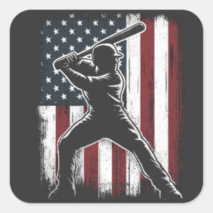 Vintage Baseball Player American Flag USA Square Sticker