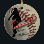 Vintage Baseball ⚾ Player - Red Ceramic Tree Decoration<br><div class="desc">Baseball Player Christmas Ornaments. Makes a great personalised gift for a baseball player. ⭐ Please be sure the text is within the green dash safe line area. ⭐This Product is 100% Customisable. Graphics and text can be deleted, moved, resized, changed around, rotated, etc... 99% of my designs in my store...</div>