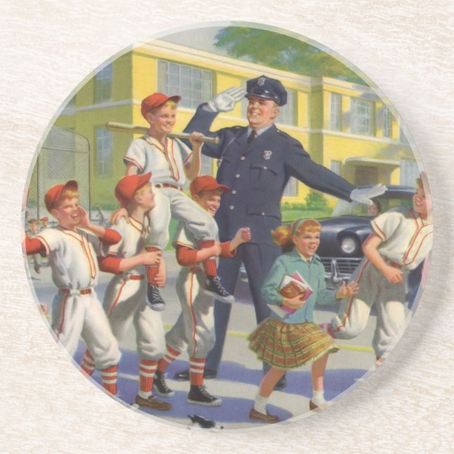 Vintage Baseball Players and Police Crossing Guard Coaster (Front)