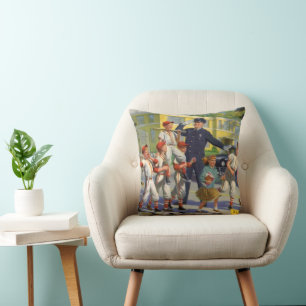 Vintage Baseball Players and Police Crossing Guard Cushion