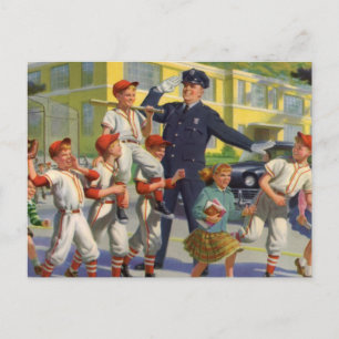Vintage Baseball Players and Police Crossing Guard Postcard