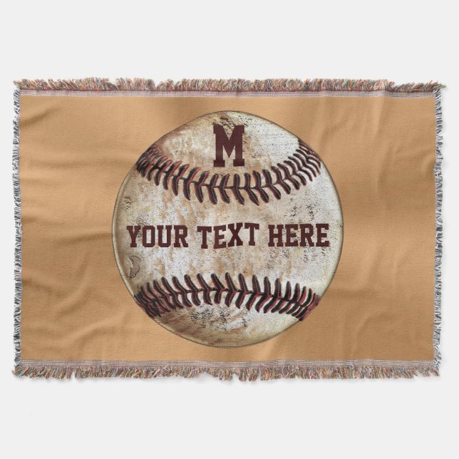 Vintage Baseball Throw Blanket YOUR TEXT, MONOGRAM (Front)