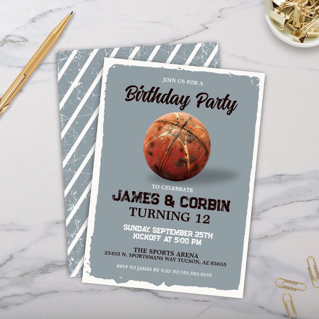 Vintage Basketball Dual Birthday Party Sports Invitation (Modern vintage basketball theme double birthday party invitation or boy birthday party invites)